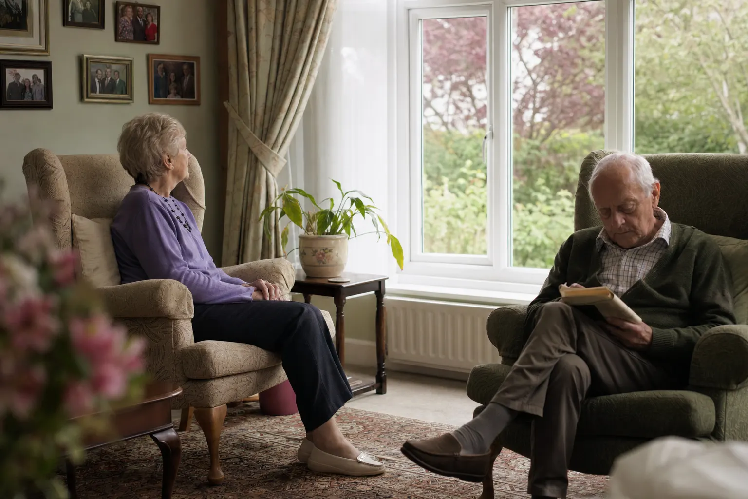 Two older adults sitting by a window in the living room of a small residential care home