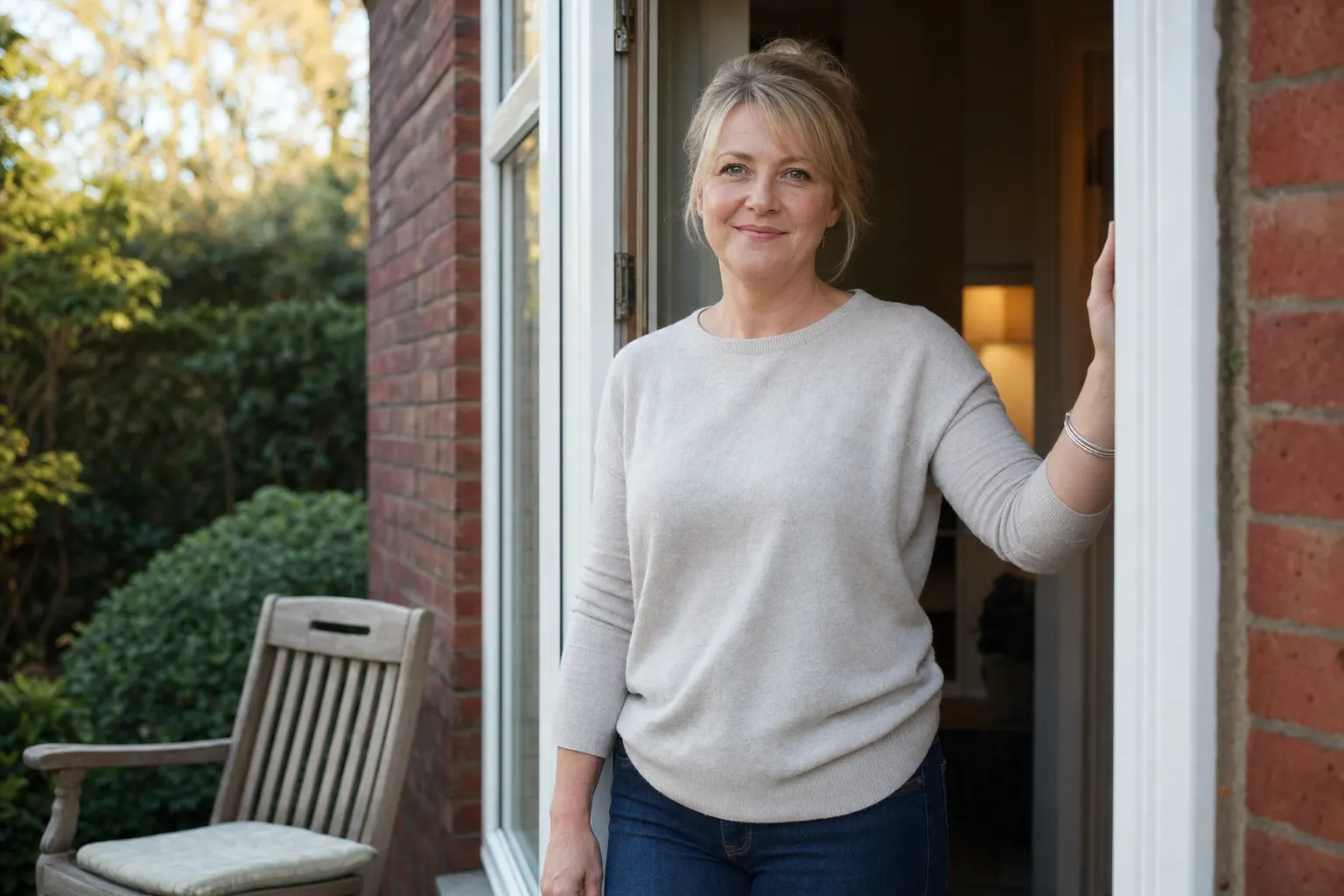 The owner of a small residential care home standing in the doorway of an ordinary house